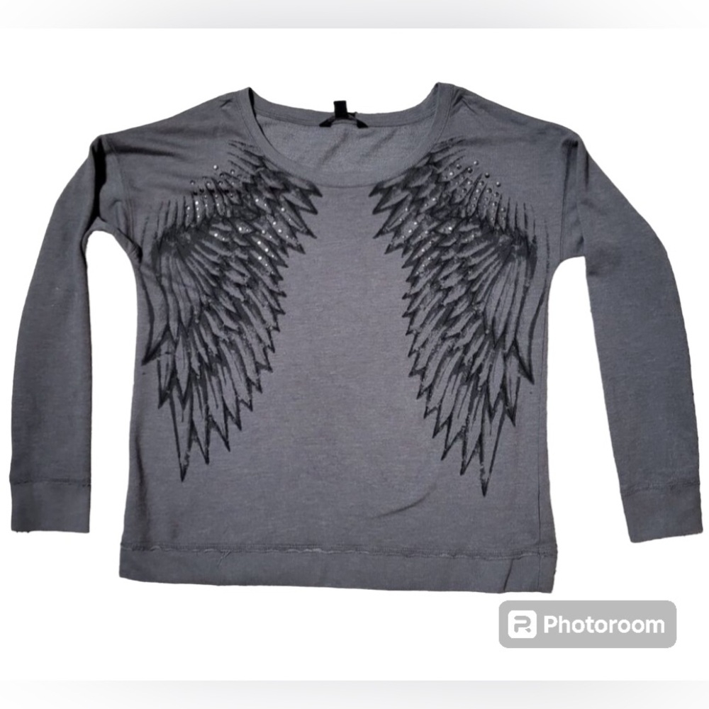 Rock & Republic Angel Wing Long Sleeved Sweatshirt Top Rhinestone Bling Size XS - Picture 3 of 10